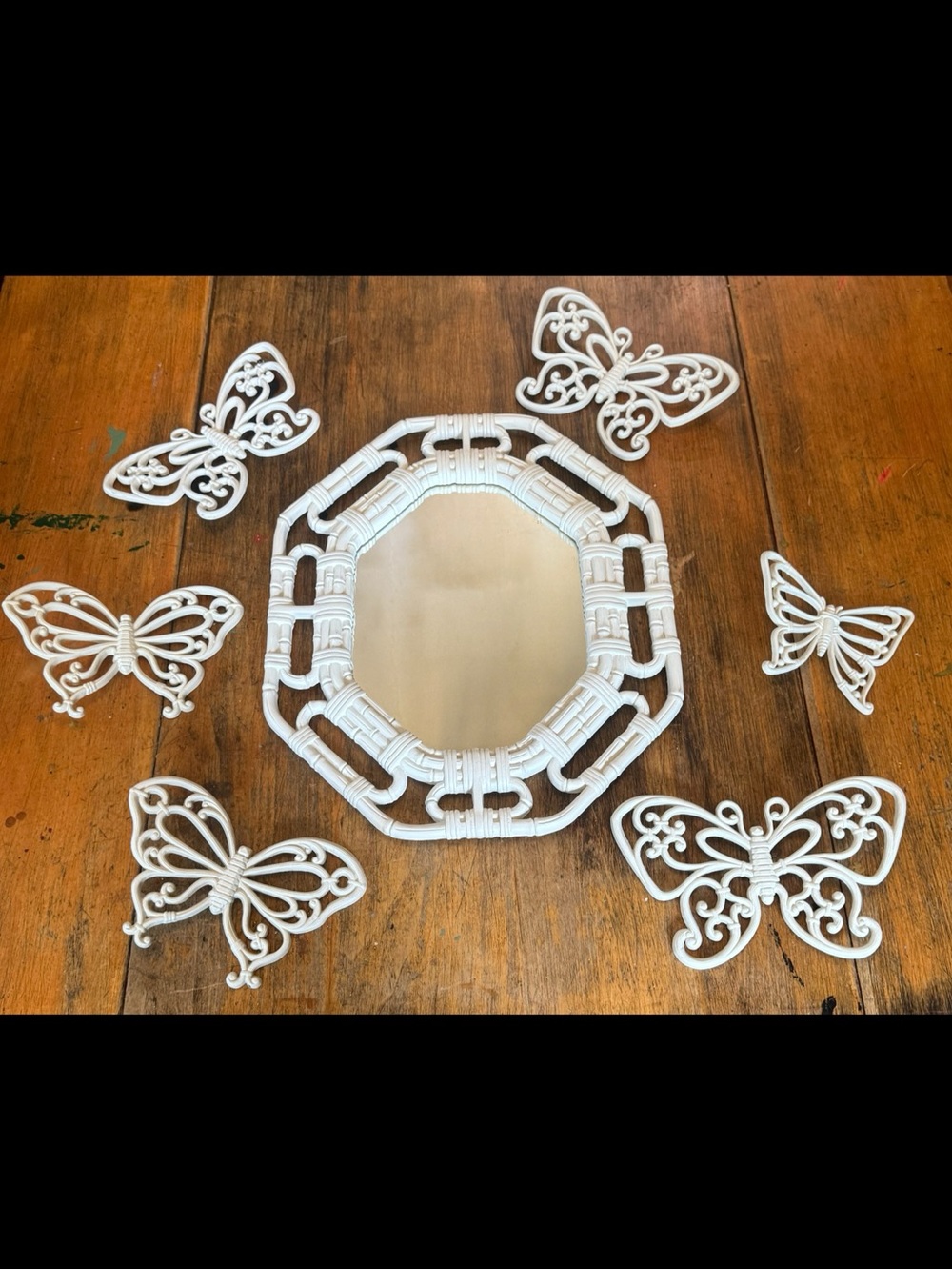Vintage Homco Set- Faux Bamboo Mirror & 6 Matching Butterflies